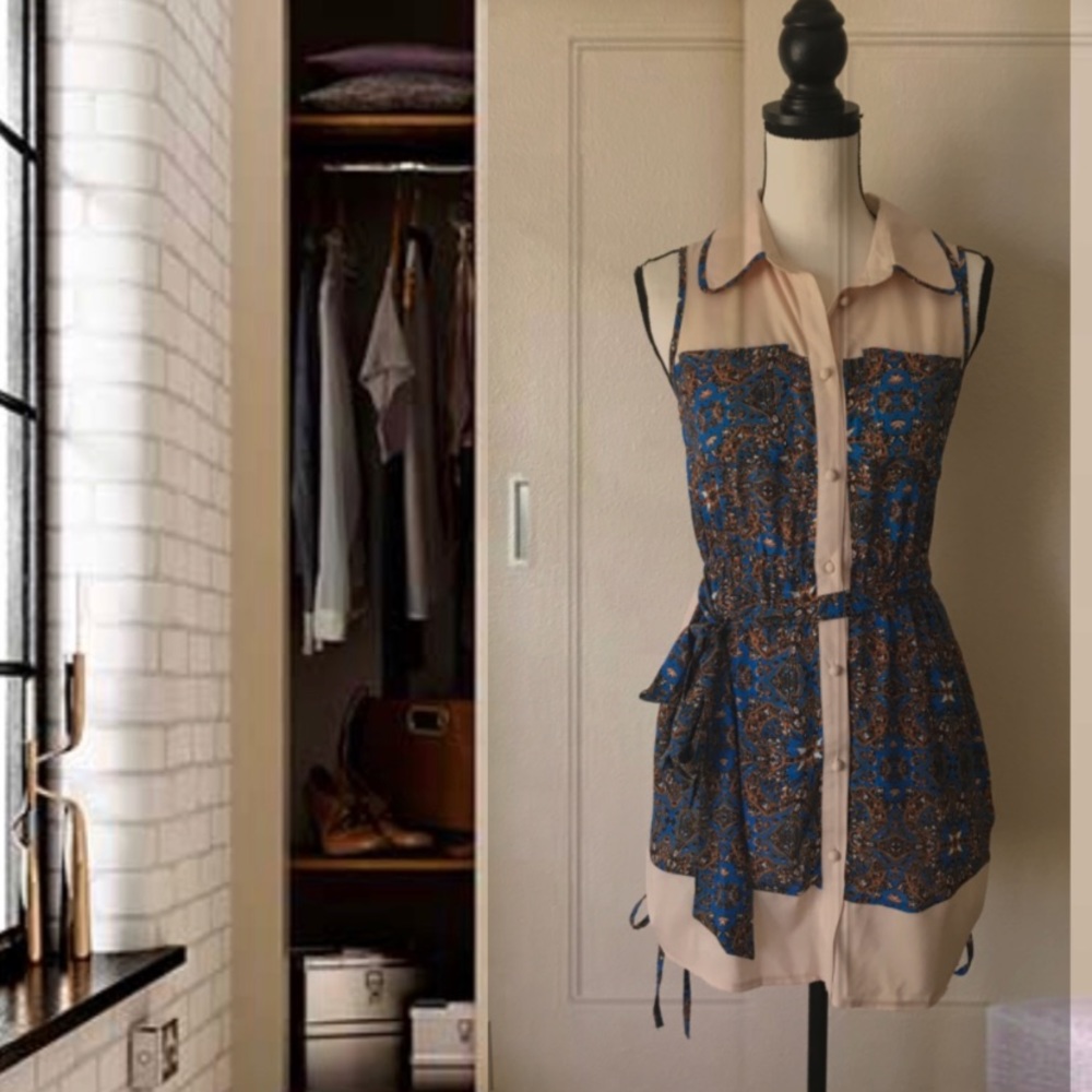 New Mini Blue/ Tan Sleeveless Dress